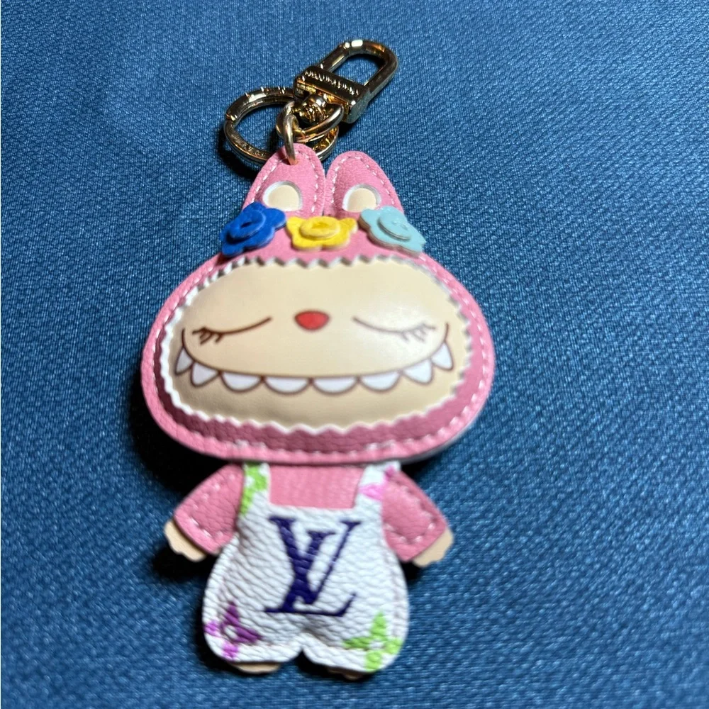 L V monogram Labubu luxury pink white brown gold keychain bag charm leather NEW